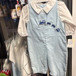 Petit Ami Light Blue Baby Romper with Train Embroidery